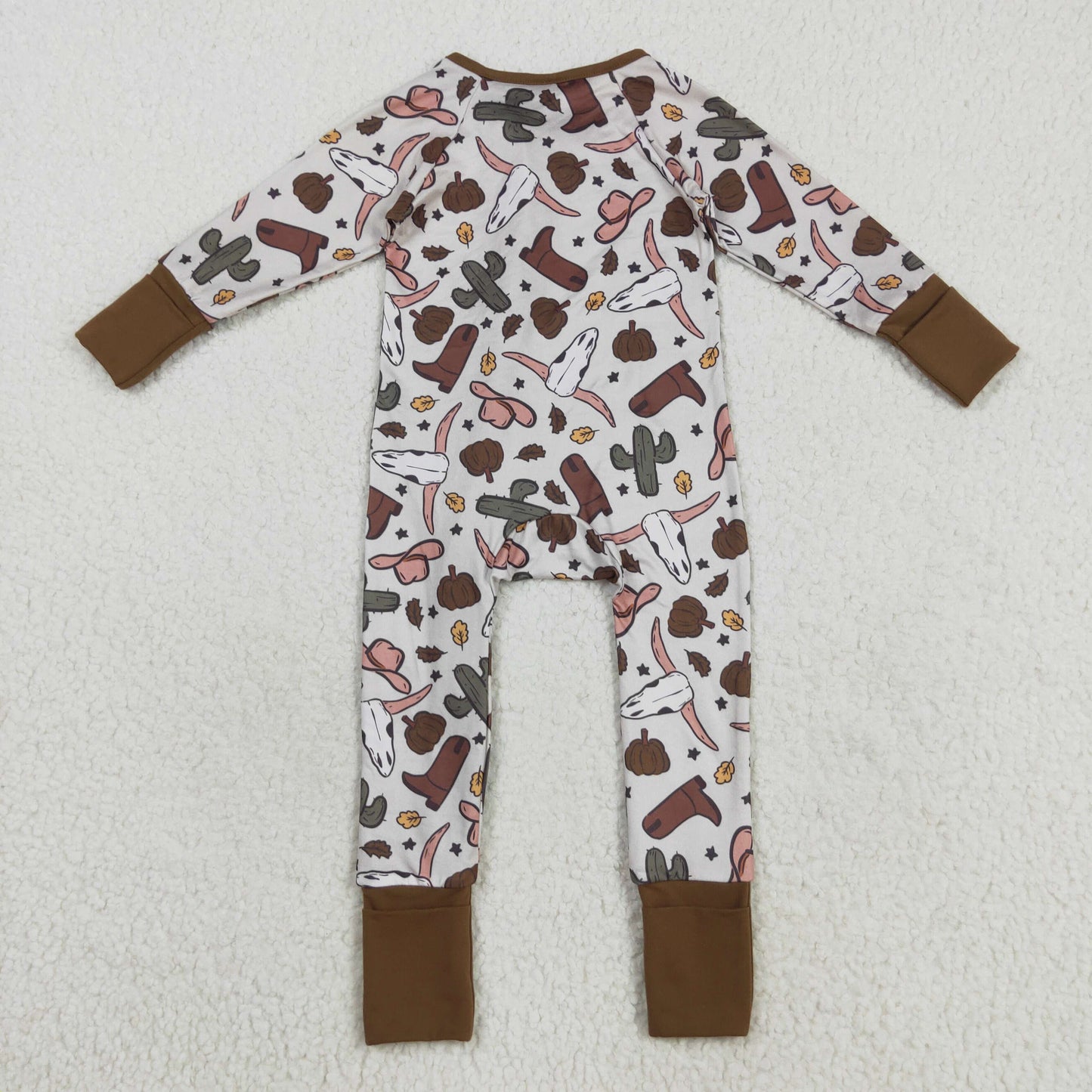 LR2334 Baby Boys Brown Long Sleeves Bull Skull Cactus Zipper Rompers  D 8.2