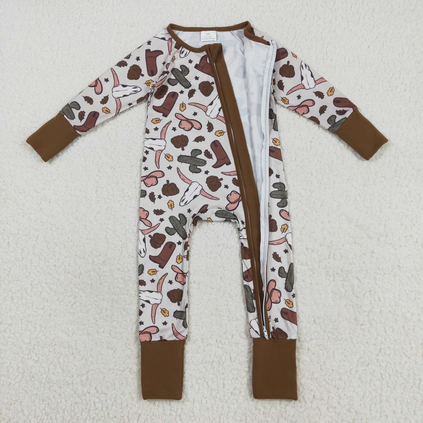LR2334 Baby Boys Brown Long Sleeves Bull Skull Cactus Zipper Rompers  D 8.2
