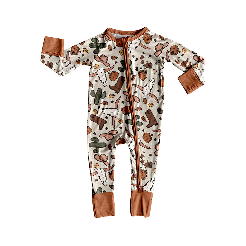 LR2334 Baby Boys Brown Long Sleeves Bull Skull Cactus Zipper Rompers  D 8.2