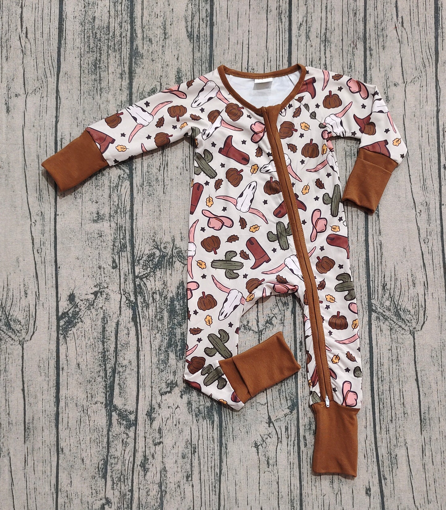 LR2334 Baby Boys Brown Long Sleeves Bull Skull Cactus Zipper Rompers  D 8.2