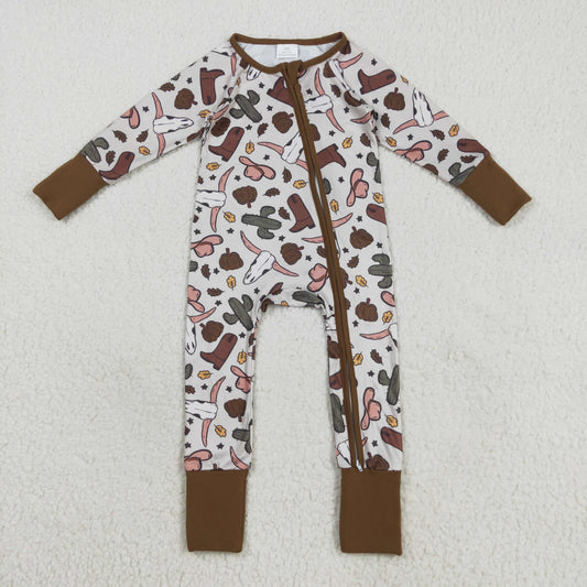 LR2334 Baby Boys Brown Long Sleeves Bull Skull Cactus Zipper Rompers  D 8.2