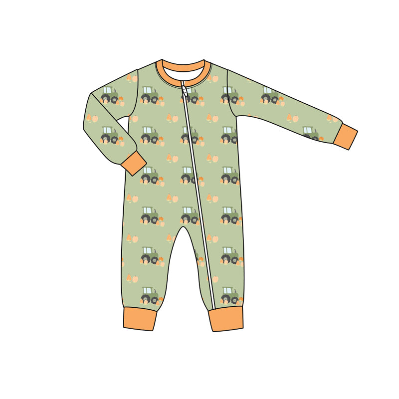 LR2335  Baby Boys Green Long Sleeves Pumpkins Trucks Zipper Rompers D 7.14