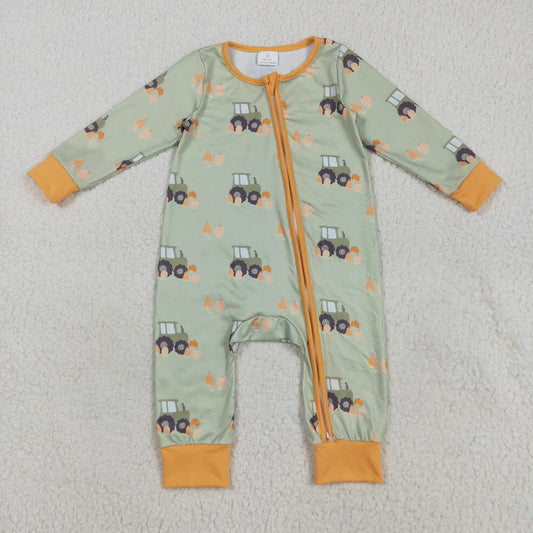 LR2335  Baby Boys Green Long Sleeves Pumpkins Trucks Zipper Rompers D 7.14