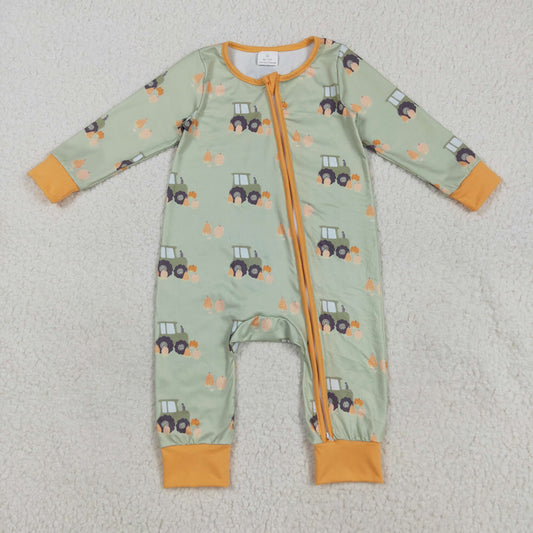 LR2335 Baby Boys Green Long Sleeves Pumpkins Trucks Zipper Rompers D 7.14