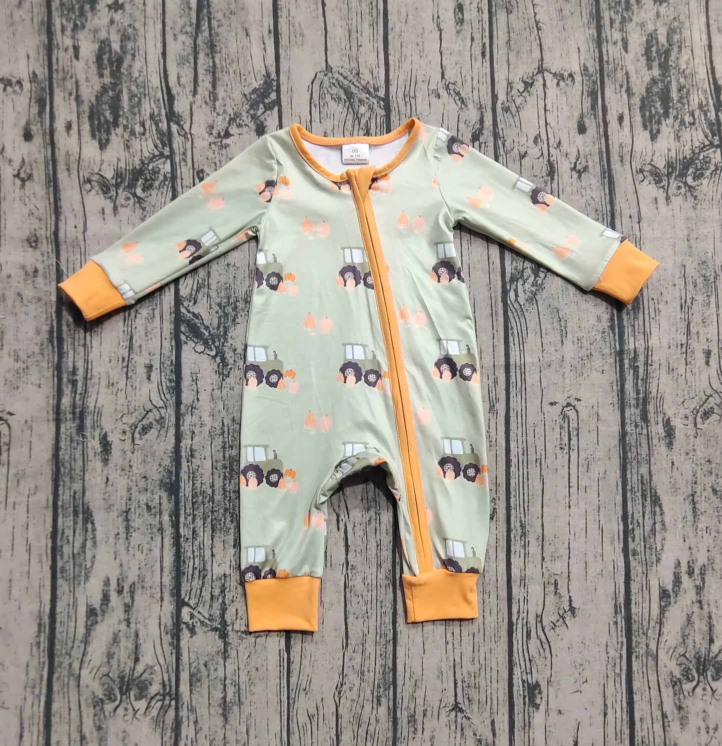 LR2335  Baby Boys Green Long Sleeves Pumpkins Trucks Zipper Rompers D 7.14