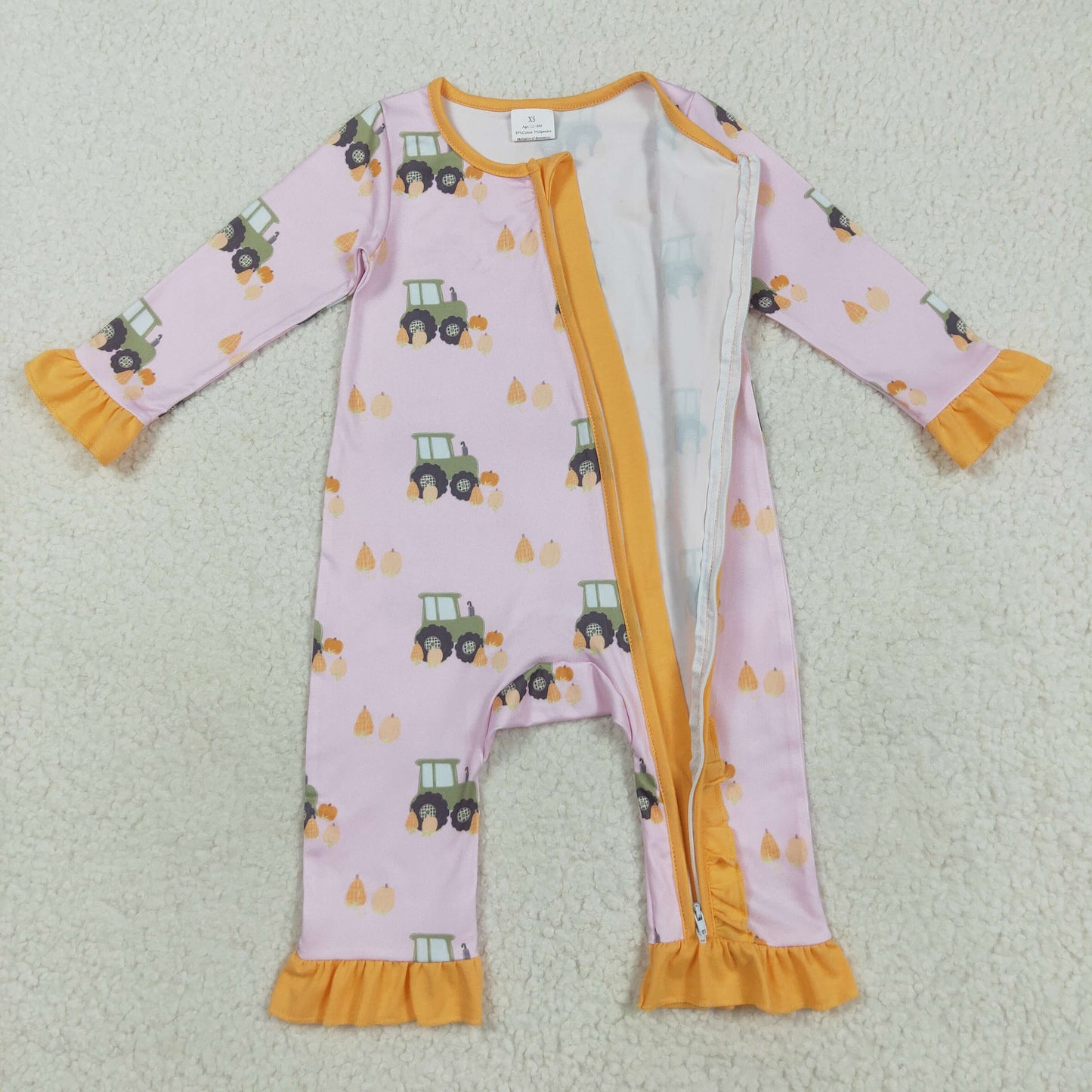 LR2336  Baby Girls Pink Long Ruffle Sleeves Pumpkins Trucks Zipper Rompers D 8.9