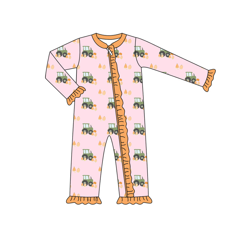 LR2336  Baby Girls Pink Long Ruffle Sleeves Pumpkins Trucks Zipper Rompers D 8.9