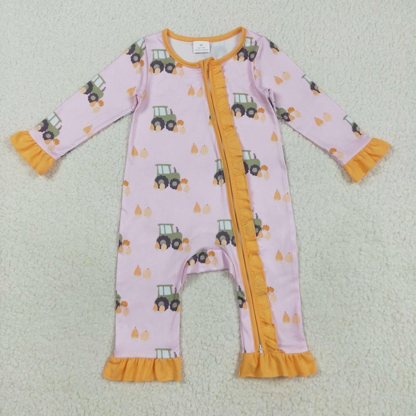 LR2336  Baby Girls Pink Long Ruffle Sleeves Pumpkins Trucks Zipper Rompers D 8.9
