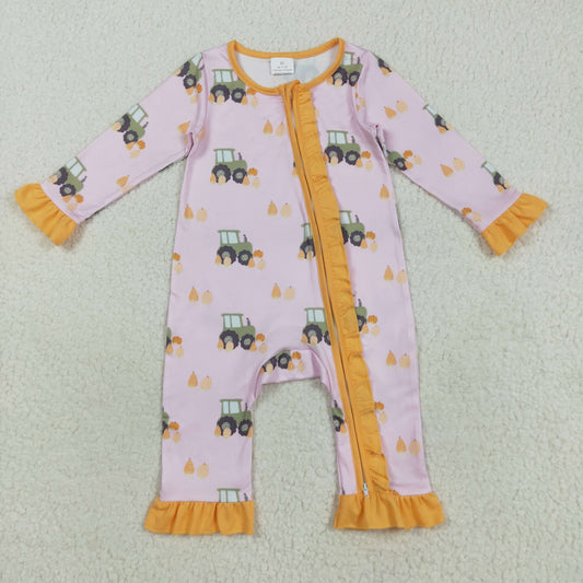 LR2336  Baby Girls Pink Long Ruffle Sleeves Pumpkins Trucks Zipper Rompers D 8.9