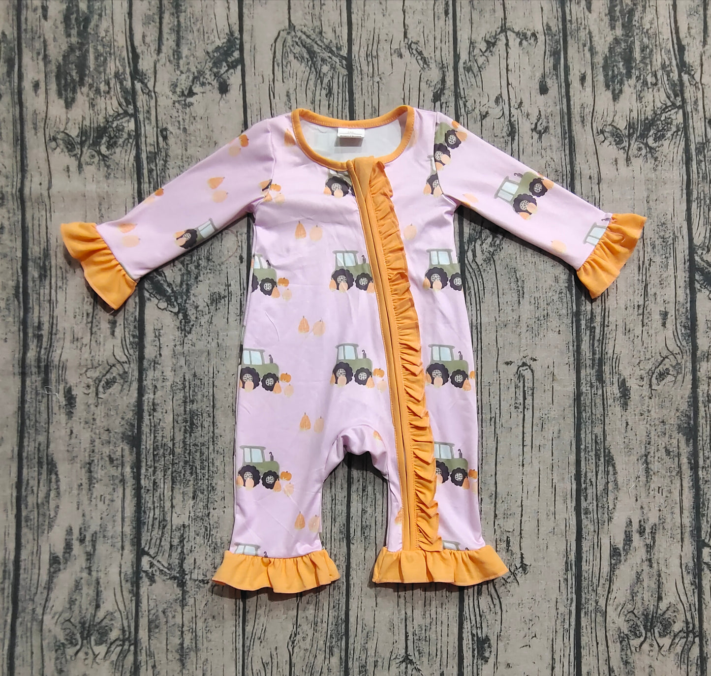 LR2336  Baby Girls Pink Long Ruffle Sleeves Pumpkins Trucks Zipper Rompers D 8.9