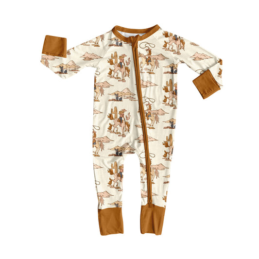 presale LR2344 Baby Girls Khaki Long Sleeves Horse Rodeos Zipper Rompers  D 6.19