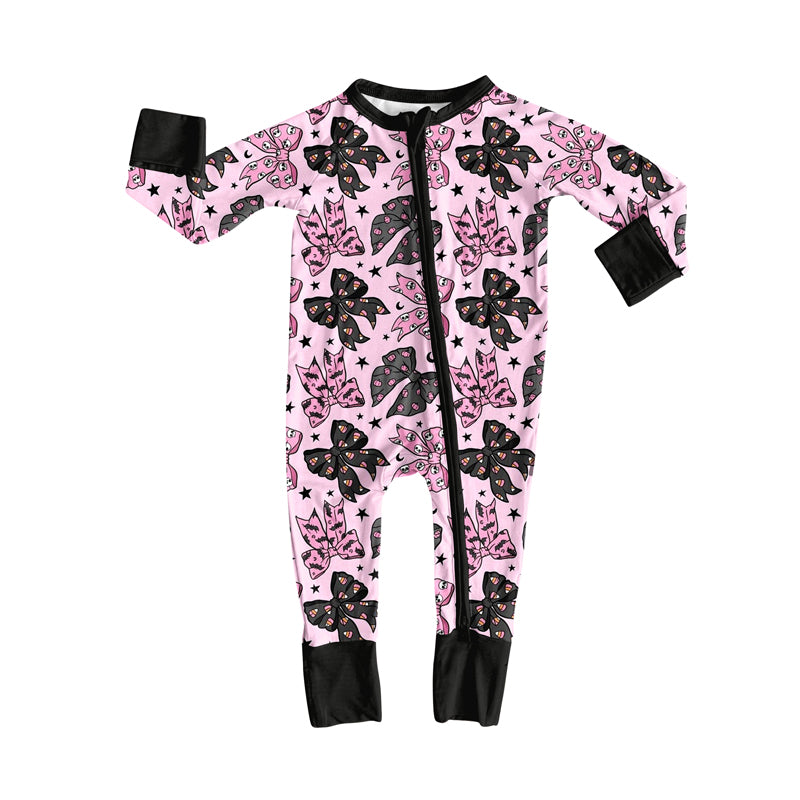 presale LR2345 Baby Girls Pink Black Long Sleeves Bows Stars Zipper Rompers  D 6.19