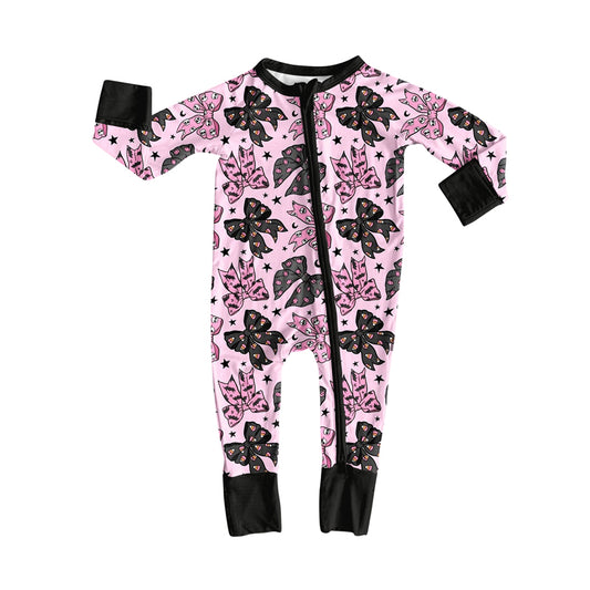 presale LR2345 Baby Girls Pink Black Long Sleeves Bows Stars Zipper Rompers D 6.19