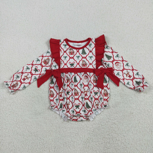 LR2352 Baby Girls Long Sleeves Trees Bows Plaid Ruffle Rompers D 7.14