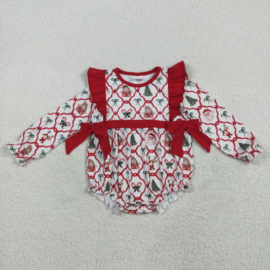 LR2352 Baby Girls Long Sleeves Trees Bows Plaid Ruffle Rompers D 7.14