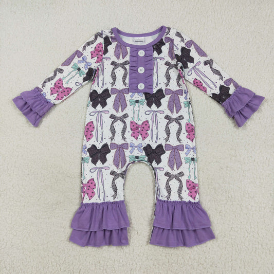 LR2355  Baby Girls Long Ruffle Sleeves Purple Bows Button Pant Rompers D 7.21