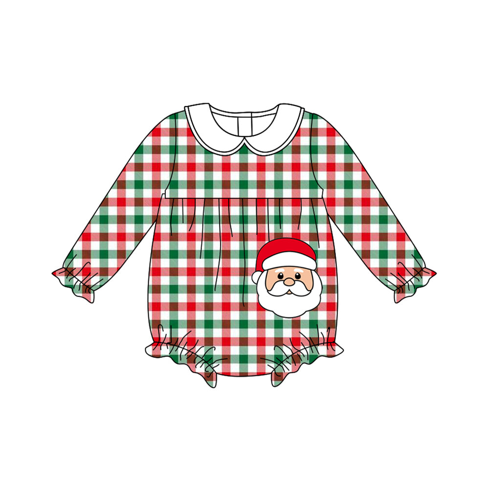 LR2357 Baby Girls Long Ruffle Sleeves Red Green Plaid Santa Rompers  D 923