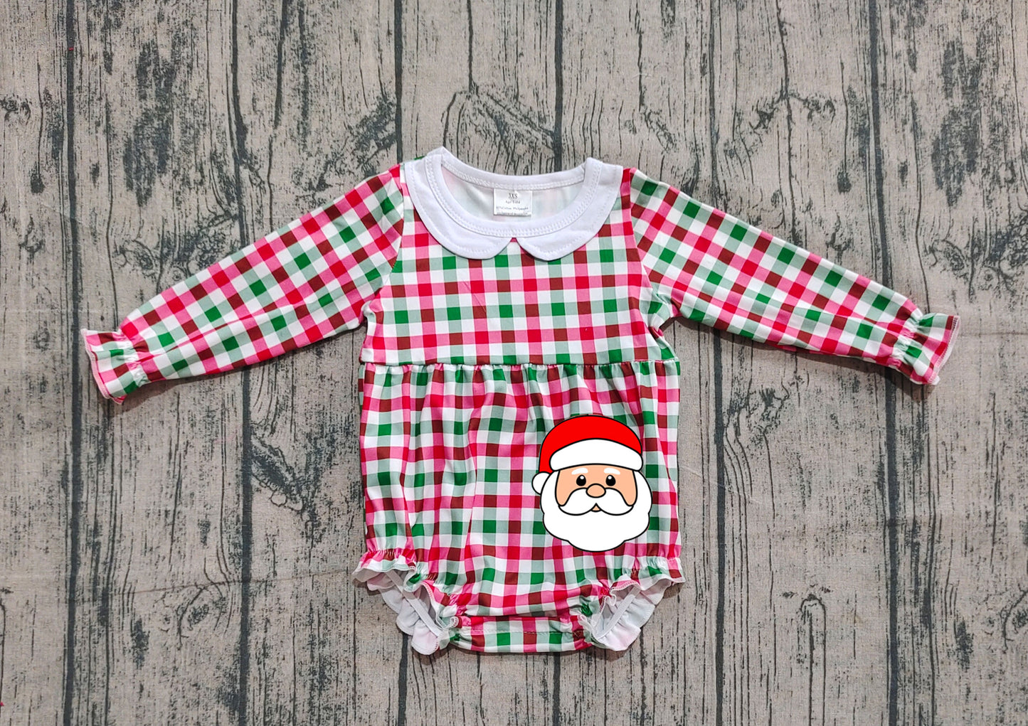 LR2357 Baby Girls Long Ruffle Sleeves Red Green Plaid Santa Rompers  D 923