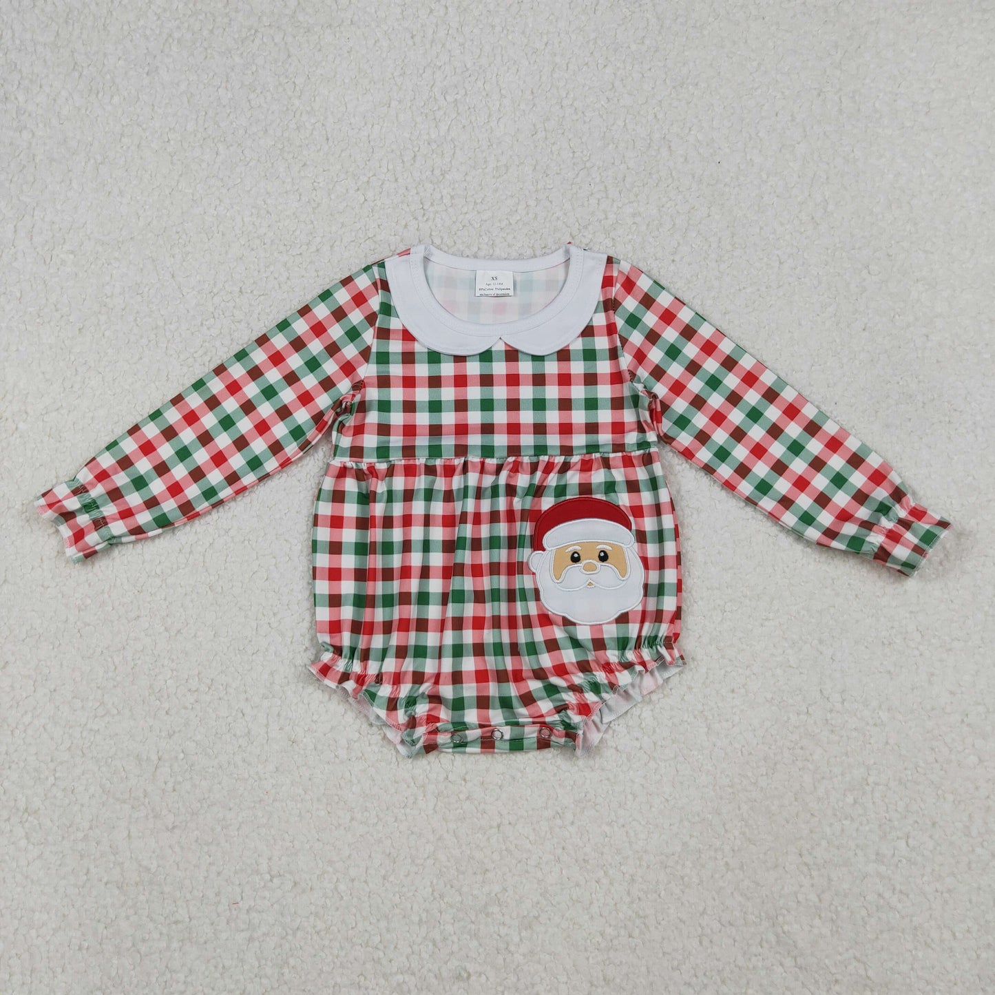 LR2357 Baby Girls Long Ruffle Sleeves Red Green Plaid Santa Rompers  D 923