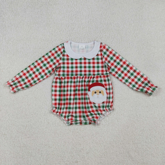 LR2357 Baby Girls Long Ruffle Sleeves Red Green Plaid Santa Rompers  D 923
