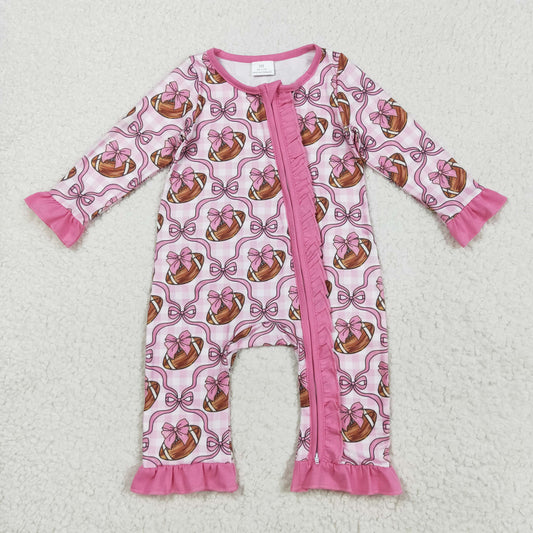 LR2361 Baby Girls Long Ruffle Sleeves Pink Bows Footballs Zipper Rompers D 821