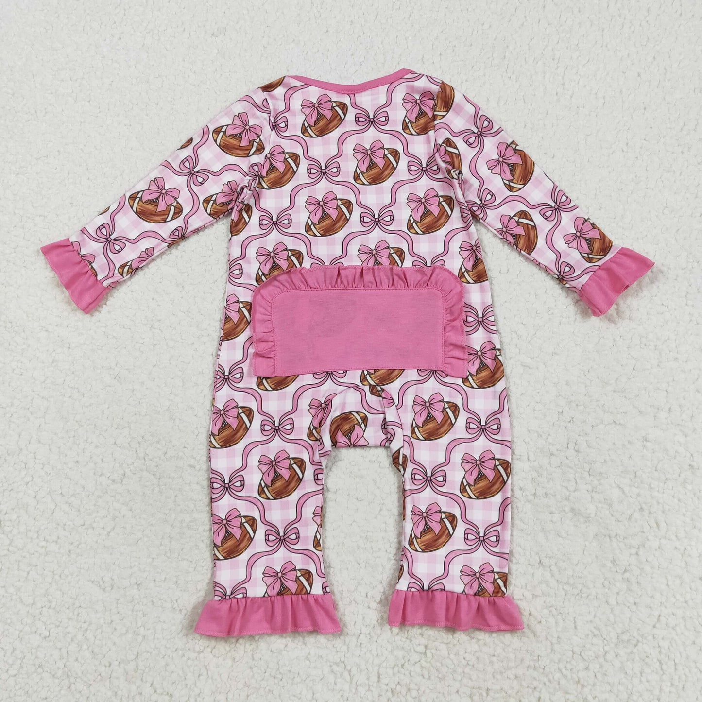 LR2361   Baby Girls Long Ruffle Sleeves Pink Bows Footballs Zipper Rompers D 821