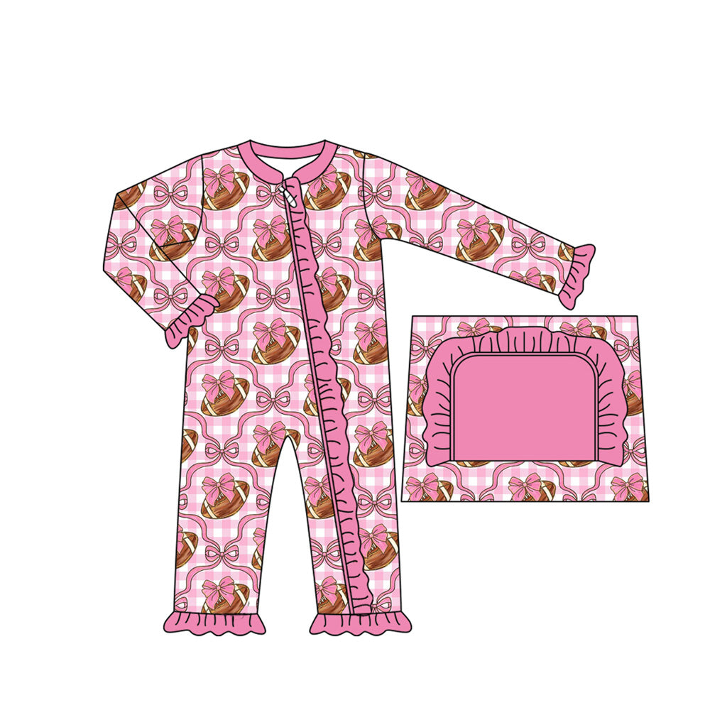 LR2361   Baby Girls Long Ruffle Sleeves Pink Bows Footballs Zipper Rompers D 821