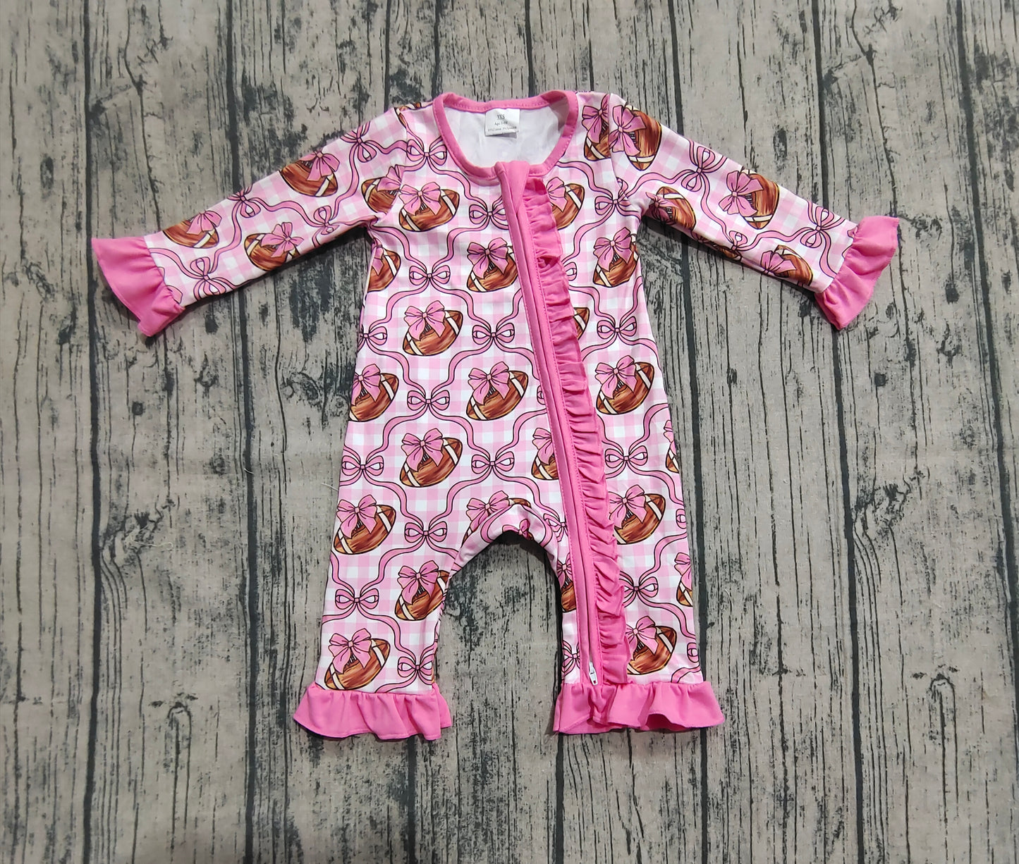 LR2361   Baby Girls Long Ruffle Sleeves Pink Bows Footballs Zipper Rompers D 821