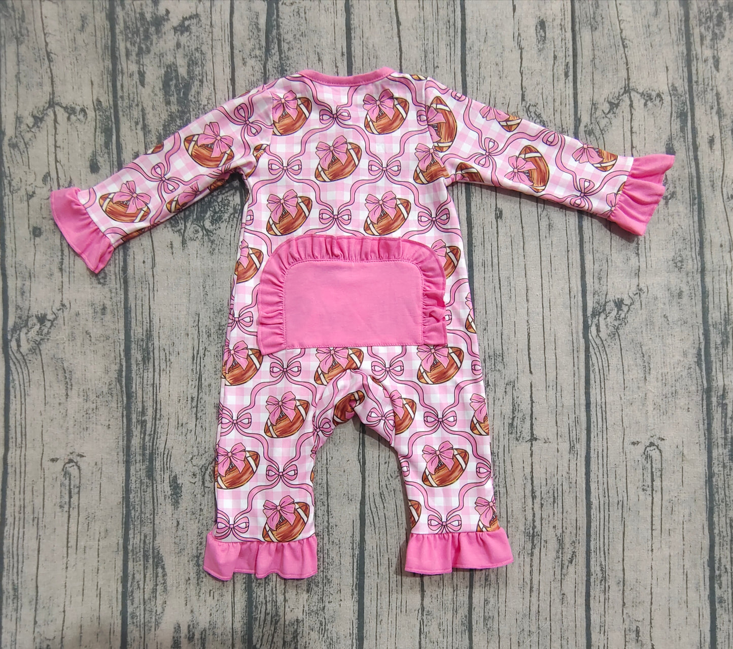 LR2361   Baby Girls Long Ruffle Sleeves Pink Bows Footballs Zipper Rompers D 821