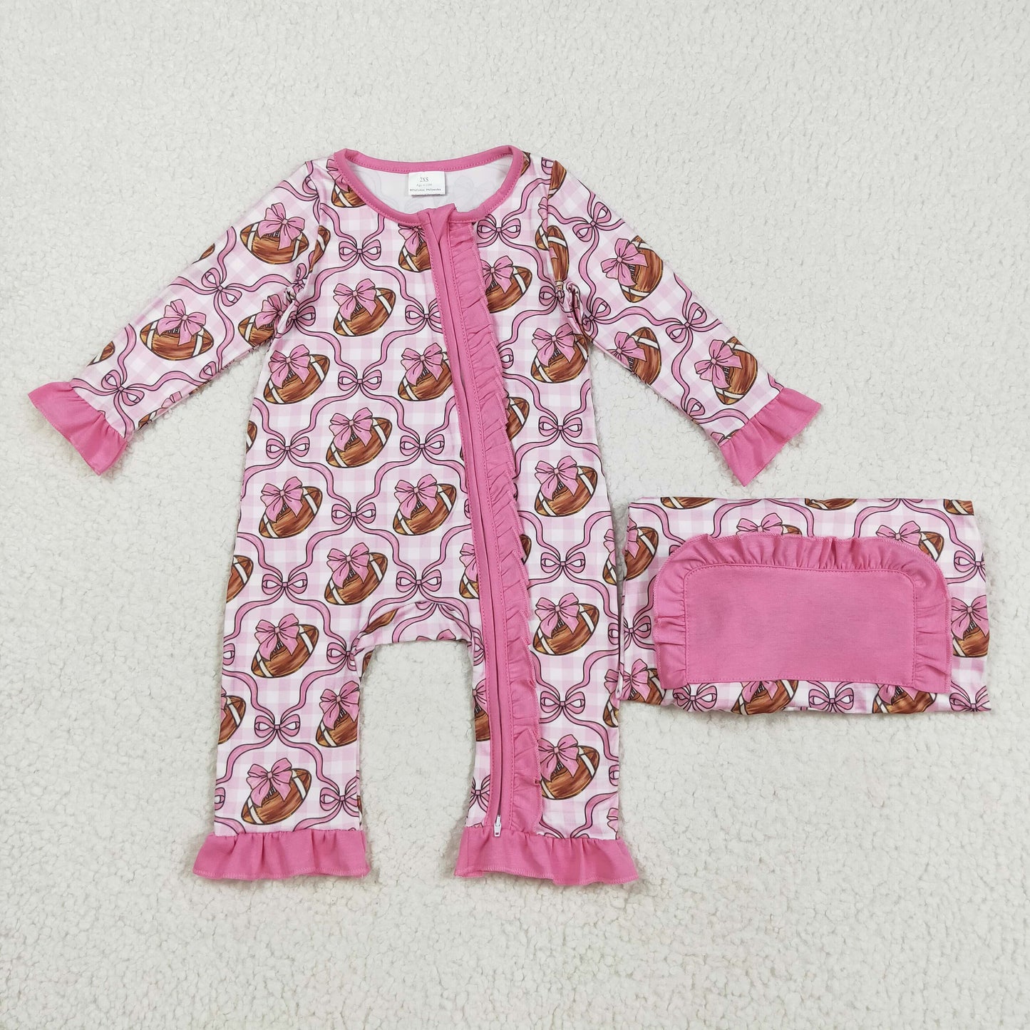 LR2361   Baby Girls Long Ruffle Sleeves Pink Bows Footballs Zipper Rompers D 821