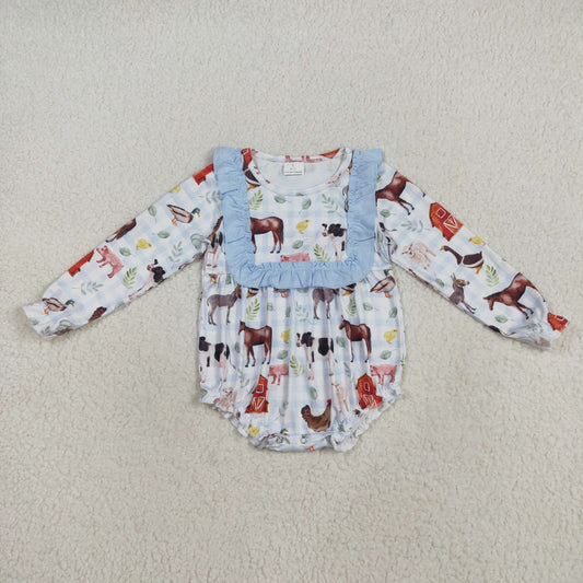 LR2362 Baby Girls Long Ruffle Sleeves Houses Chicks Plaid Rompers D 8.2