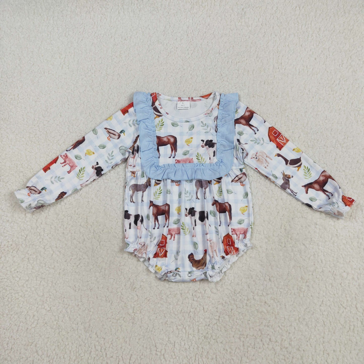 LR2362 Baby Girls Long Ruffle Sleeves Houses Chicks Plaid Rompers D 8.2