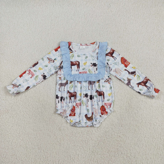 LR2362 Baby Girls Long Ruffle Sleeves Houses Chicks Plaid Rompers D 8.2