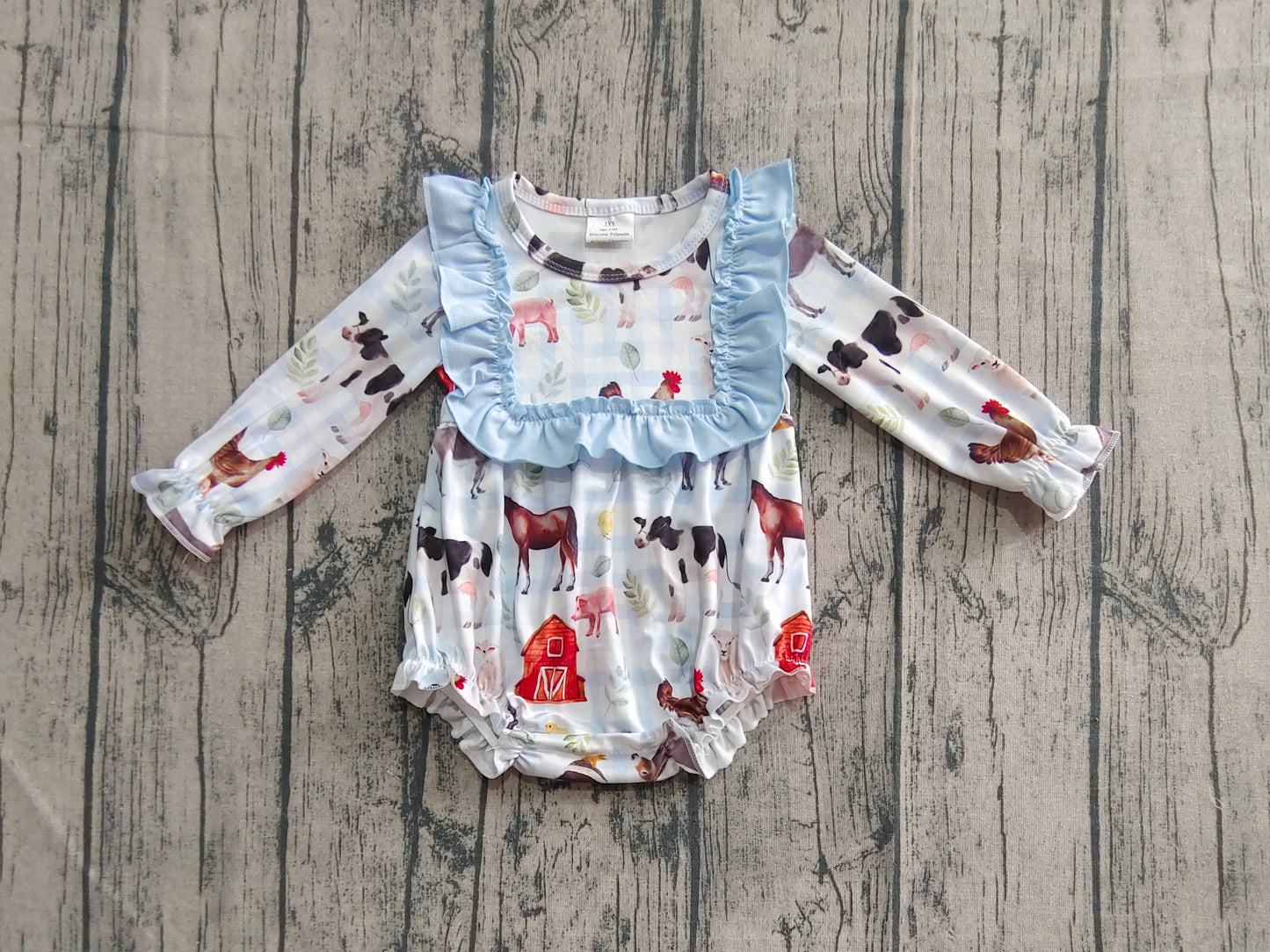 LR2362 Baby Girls Long Ruffle Sleeves Houses Chicks Plaid Rompers D 8.2