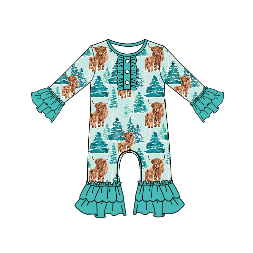 presale LR2363 Baby Girls Long Ruffle Sleeves Button Highland Cows Trees Pant Rompers D 6.26