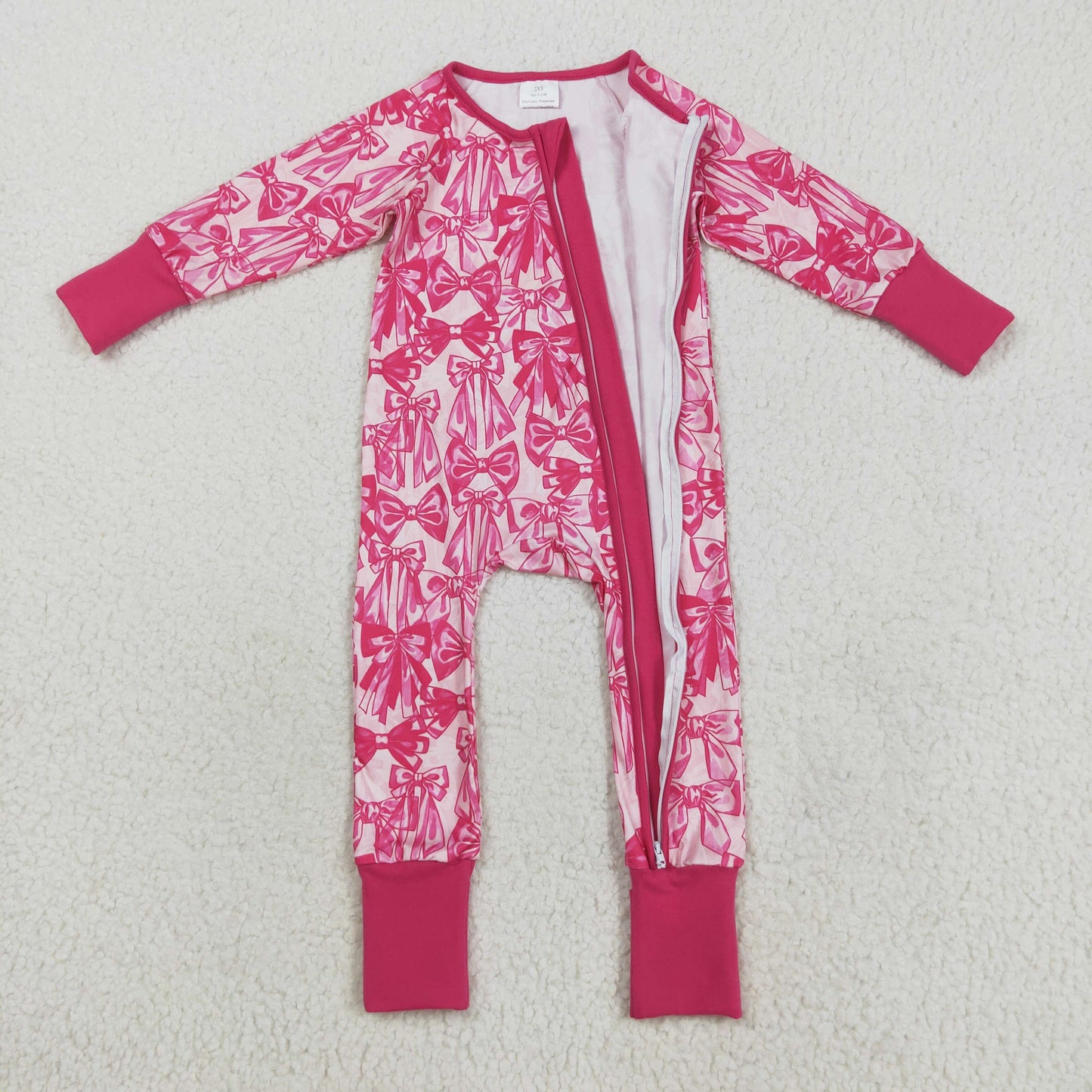 LR2365 Baby Girls Long Sleeves Pink Bows Zipper Pant Rompers D 7.17