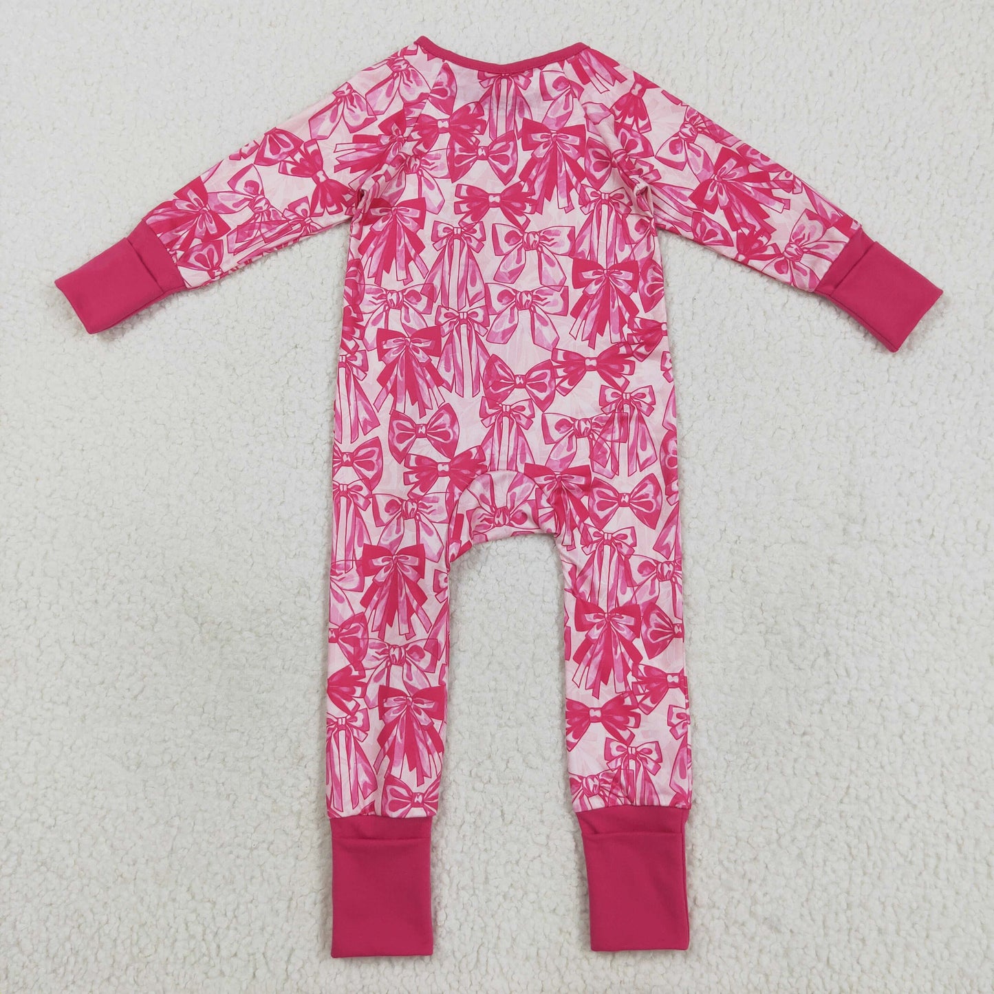 LR2365 Baby Girls Long Sleeves Pink Bows Zipper Pant Rompers D 7.17