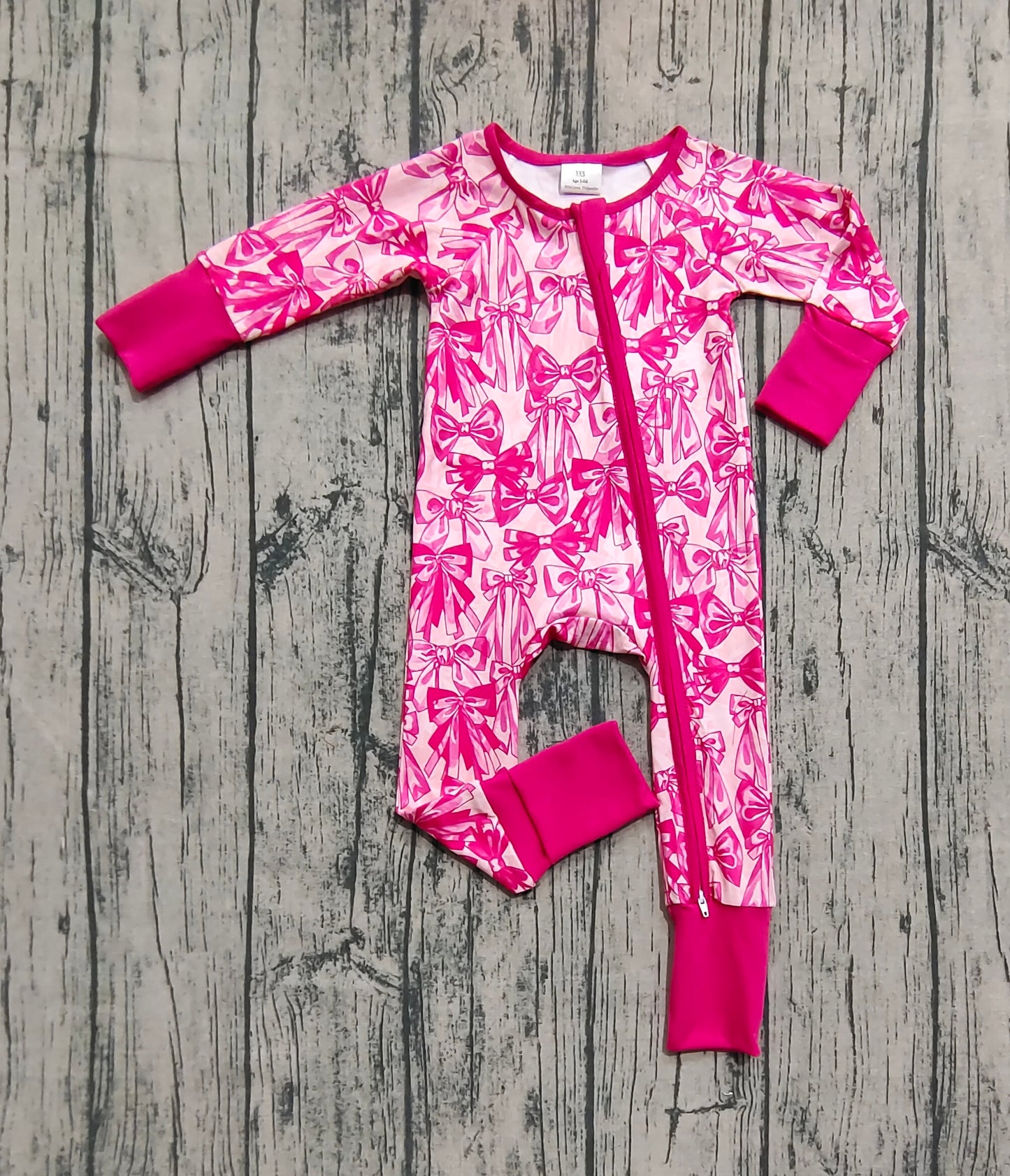LR2365 Baby Girls Long Sleeves Pink Bows Zipper Pant Rompers D 7.17
