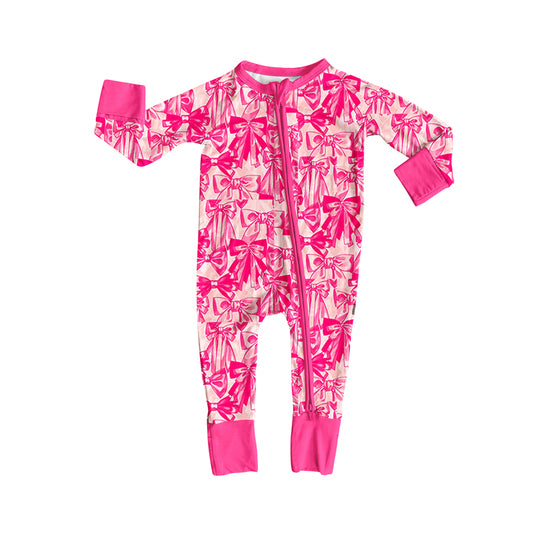 presale LR2365 Baby Girls Long Sleeves Pink Bows Zipper Pant Rompers D 7.1