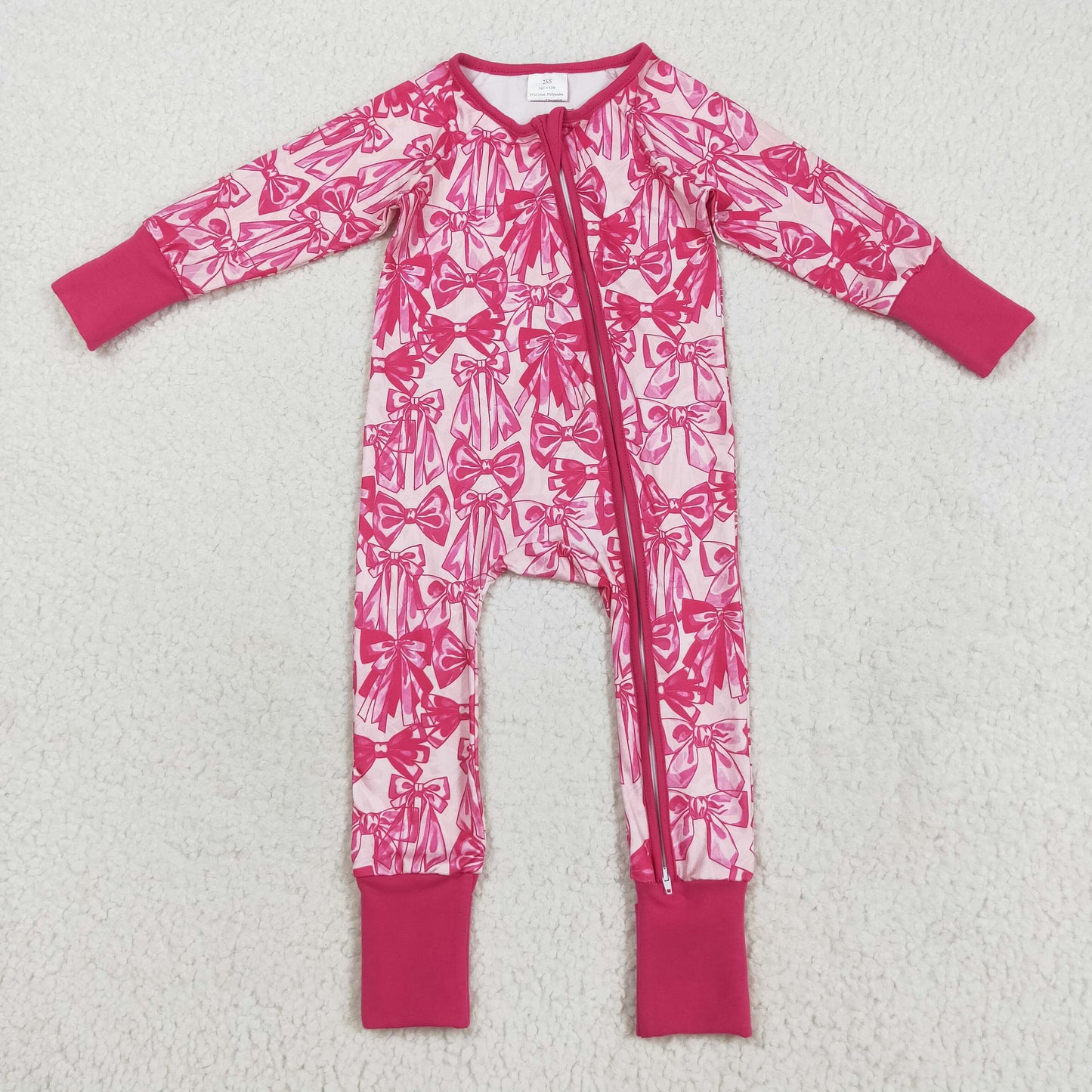 LR2365 Baby Girls Long Sleeves Pink Bows Zipper Pant Rompers D 7.17