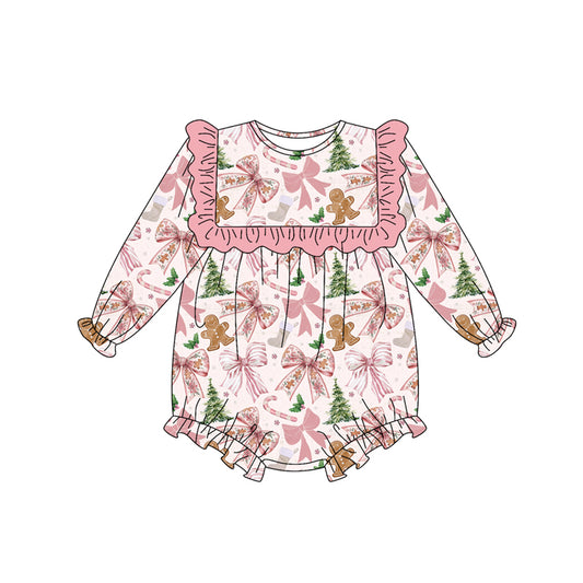 presale LR2367 Baby Girls Long Sleeves Trees Gingerbread Ruffle Rompers D 7.1