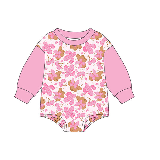 presale LR2372 Baby Girls Pink Long Sleeves Cactus Bows Hats Rompers D 7.1