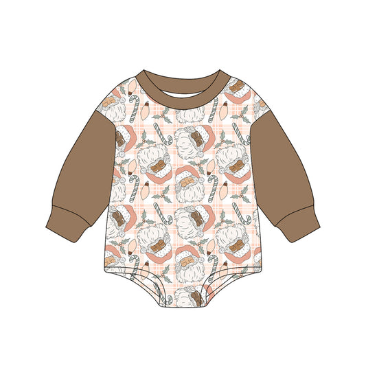 presale LR2373 Baby Girls Brown Long Sleeves Santa Gingerbread Plaid Rompers D 7.1