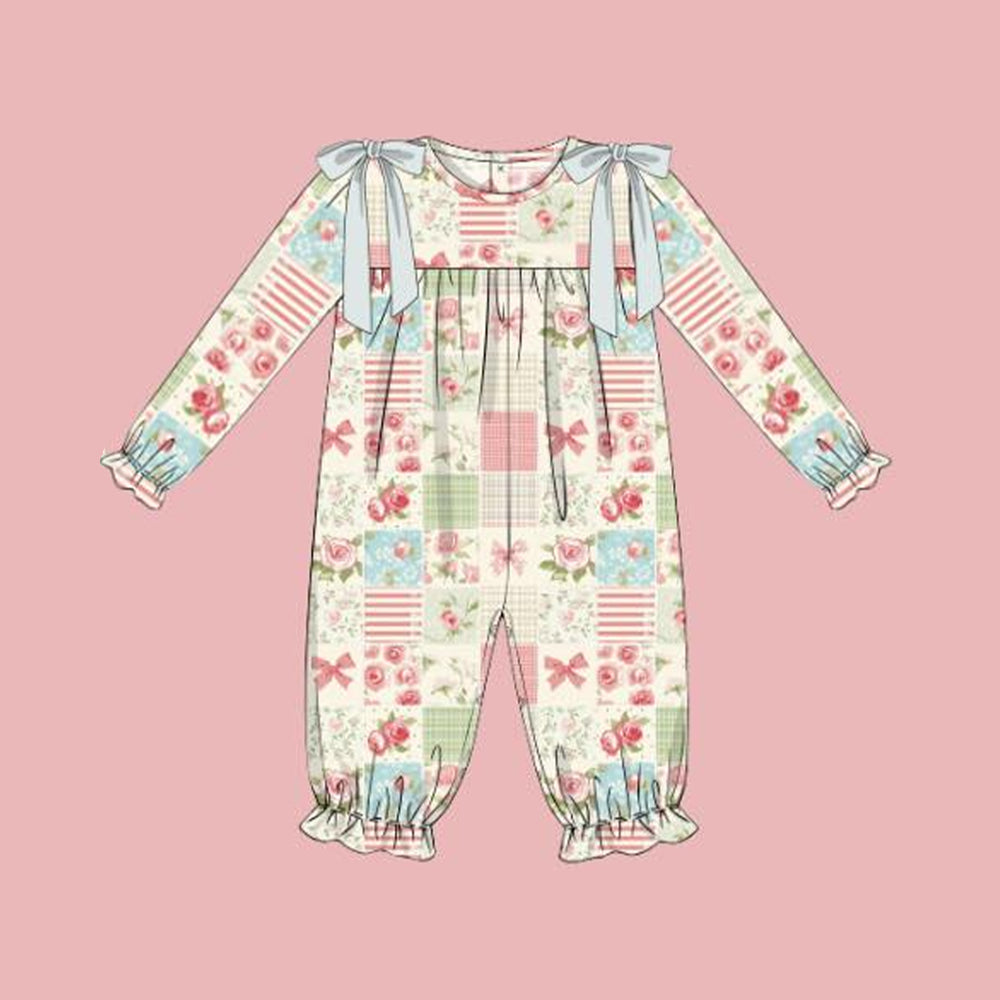 presale LR2385 Baby Girls Long Ruffle Sleeves Flowers Plaid Pant Rompers D 7.2