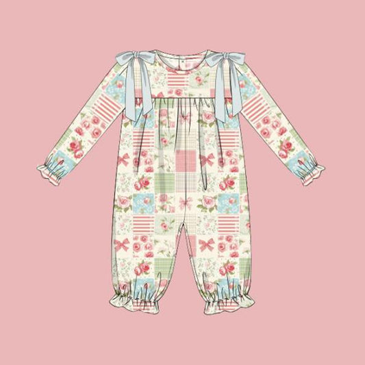 presale LR2385 Baby Girls Long Ruffle Sleeves Flowers Plaid Pant Rompers D 7.2