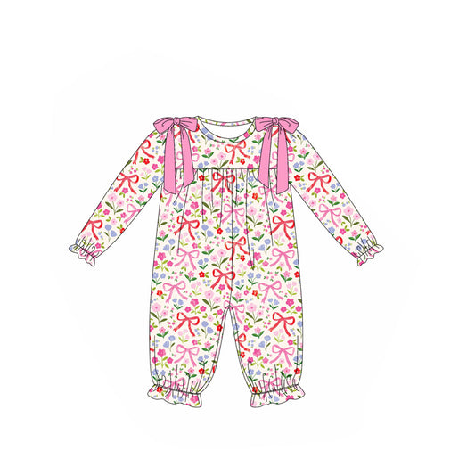 presale LR2387 Baby Girls Long Ruffle Sleeves Pink Bows Floral Pant Rompers D 7.4