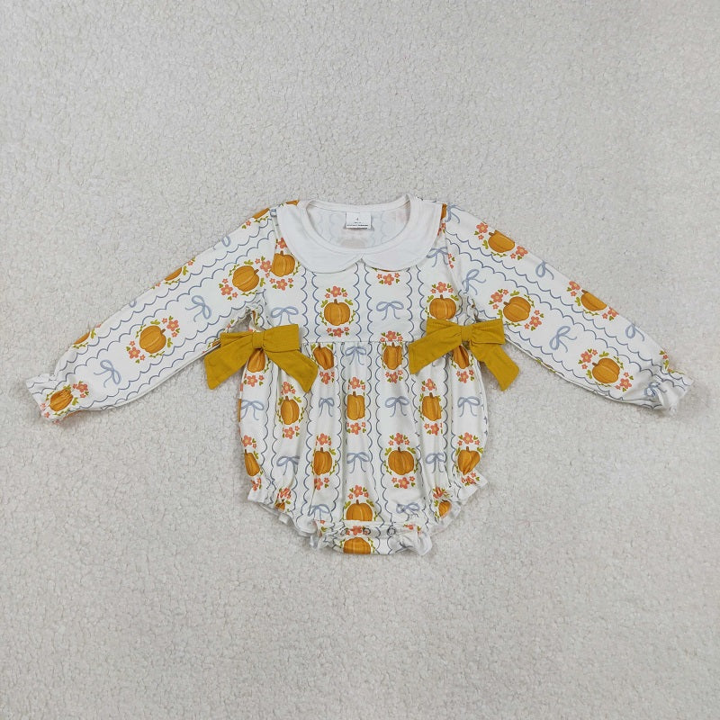Sibling Baby Girls Yellow Pumpkins Bows Plaid Tunic Ruffle Pant Fall Set Romper Dress D 901
