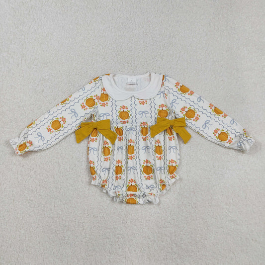 LR2389 Baby Girls Long Ruffle Sleeves Pumpkins Bows Plaid Rompers D 829