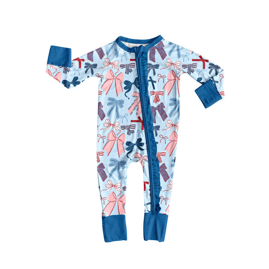 presale LR2390 Baby Kids Long Sleeves Bows Plaid Zipper Rompers D 7.4