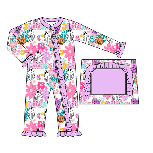 presale LR2391 Baby Girls Long Ruffle Sleeves Ghosts Flowers Zipper Rompers D 7.4
